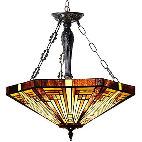 Capulina Tiffany Inverted Pendant Lights Ceiling Light 3 Light 22 Inches Wide Mission Amber Brown Style Stained Glass Chandeliers for Living Room Stairway Foyer Entryway Cover