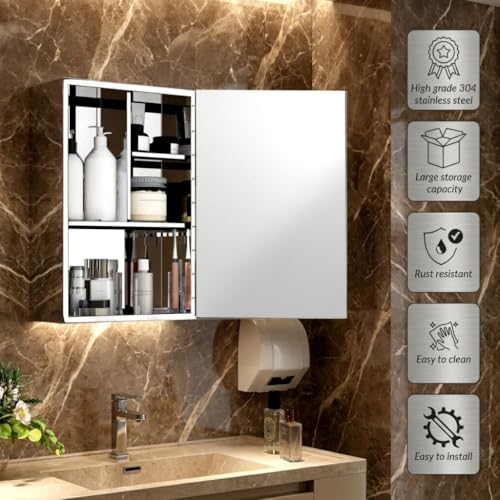Image of Dropin (16x24 Inch, Chrome Finish 304 Stainless Steel Bathroom Mirror Cabinet, Heavy-Duty Storage Cabinet /Wall Mounted Mirror Bathroom Cabinet Separate Compartments for Storage