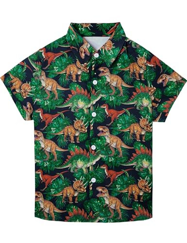 Image of Boys Hawaiian Shirt Kids Button Down Aloha Beach Hawaii Tops 5-14Y | Quick Dry, Breathable, Cooling & Lightweight, For Summer Vacation Holiday, Fourth of July, Youth, Teen, Shark, Dinosaur