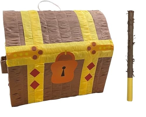 Treasure Chest Pinata for Kids Parties – Includes Bashing Stick & Blindfold – Fill Your Own Pirate Themed Party Game Decoration Pinatas – Fun Birthday Activity for Boys & Girls – 30cm x 21.5cm x 32cm