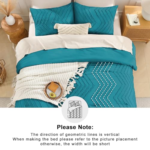 Image of Andency Turquoise Comforter Set Queen Size, Boho Soft Warm Tufted Bedding Comforter Sets for Queen Size Bed, 3 Pieces Aesthetic Chevron Farmhouse Cute Bohemian Textured Bed Set