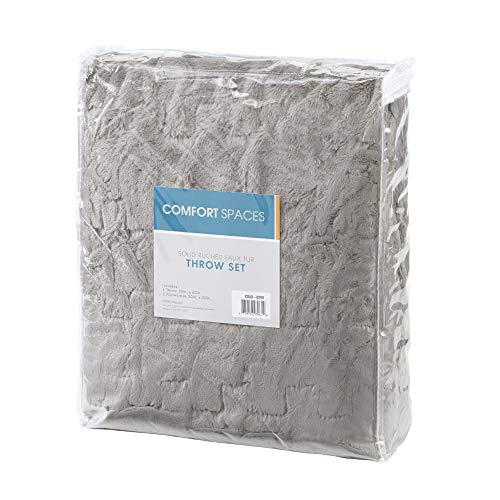 Comfort Spaces Ruched Faux Fur Plush 3 Piece Throw Blanket Set Ultra Soft Fluffy With 2 Square Pillow Covers, 50"X60", Grey #TOP4