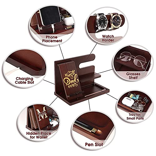 Personalized Wood Phone Docking Station For Dad-Best Dad Ever-Key Holder Wallet Stand Watch Organizer Dad Gifts Birthday Nightstand Fathers Day Christmas Travel Idea Gadgets To Dad From Daughter Son3