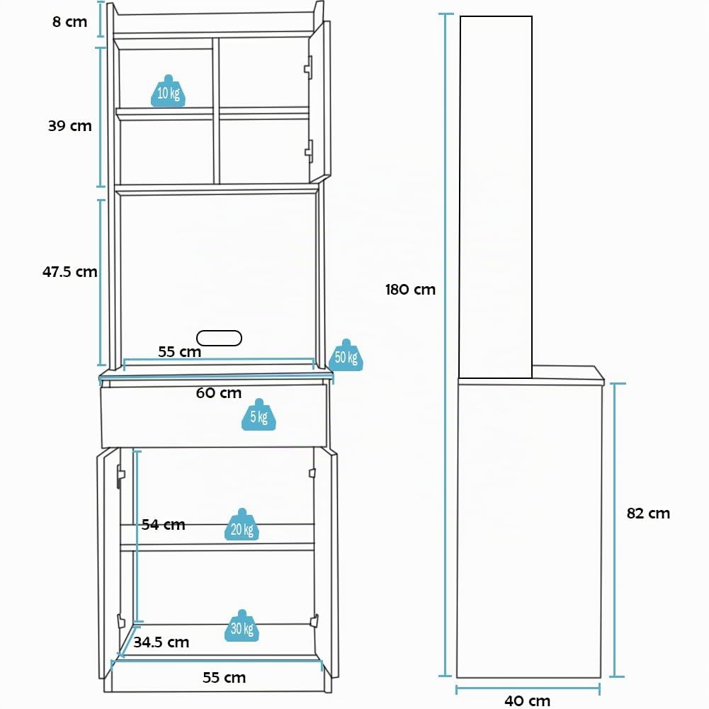 BAKAJI Armadio da Cucina Alto Multiuso, Credenza Mobile da Soggiorno, Sala da Pranzo, Salvaspazio, Sistema di Sicurezza, Mobiletto Dispensa con 2 Ante e 1 Cassetto, 55 x 40 x 180 cm (Nero e Quercia)