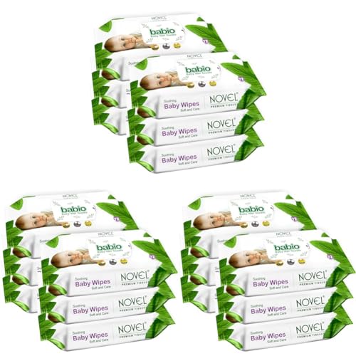Image of Novel Babio Baby Wet Wipes 72 Wipes x Pack of 18 (432 Wipes) | Aloe Vera, Chamomile, Jojaba Oil, Vitamin E Enriched | pH Balanced, Alcohol, Hypoallergenic & Paraben-Free | Extra Thick & Moist wet | Anti Rash Soft Gentle Baby Wipes without Lid