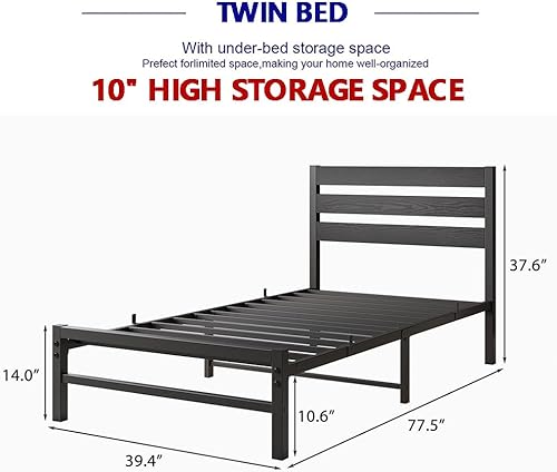 Miniatura 2 de Cama de plataforma de metal tamaño King con cabecero y estribo de madera, no necesita somier, fácil montaje, color blanco crema