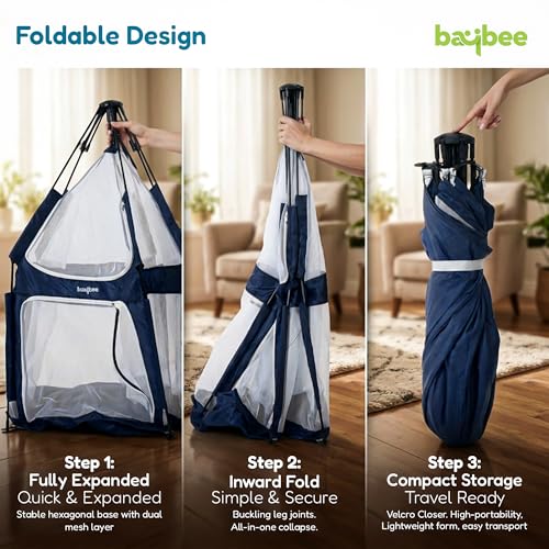 Image of Baybee 140 x 110 Cm JoyNest Kids Playpen for Babies Up to 5 Years | Foldable Playard for Babies with Mosquito Protection & Zipper Lock | Baby Indoor & Outdoor Play Area Setup with Hexagon shape for Extra Space (Blue)