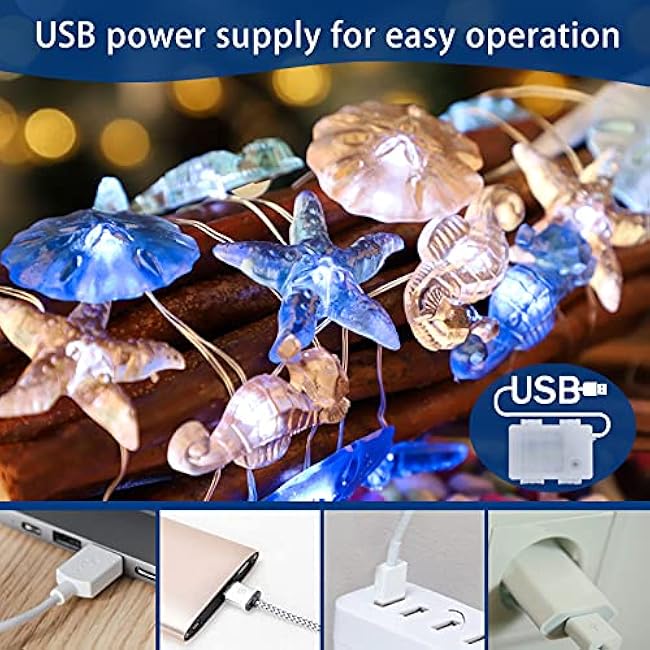 Impress Life Ocean Theme String Lights, Beach Decor Starfish Seahorse Sand Dollars Nautical Decorative Lights Battery & USB Plug In with Remote 10 ft 30 LEDs for Covered Outdoor Bedroom Birthday Party