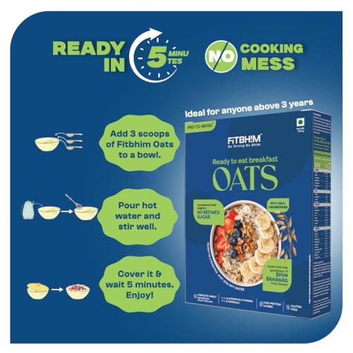 Image of ProToGrow Ready to Eat Oats with Bhim Banana & Real Cranberries - 300g Box | High Dietary Fibre & Protein Rich | No Refined Sugar | Gluten Free | Healthy Breakfast for All Ages