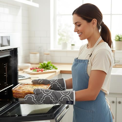 Image of Encasa XO Extra Long 18x35 cm Microwave Oven Gloves Mitts (2 pcs) for Kitchen Cooking - Trellis Grey - Heat Resistant, Thick & Safe, Protection of Hands from Hot Utensils, Gas Flame, Grill, Barbecue