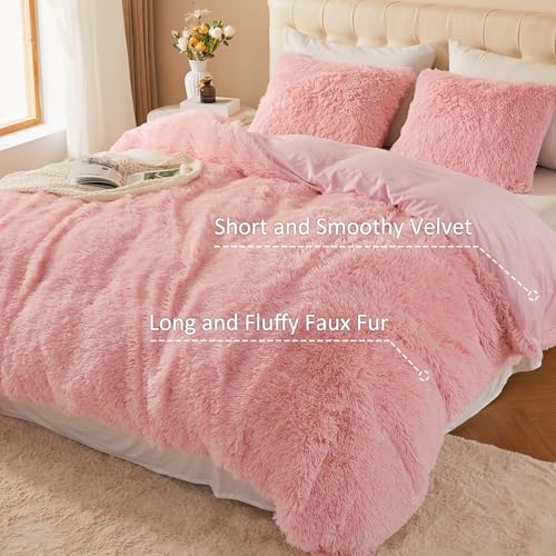 Image of EMME Luxury Fuzzy Duvet Cover Set King Size Fluffy Comforter Cover Set for King Bed Shaggy and Plush Soft Bedding Duvet Covers (Pink, King)