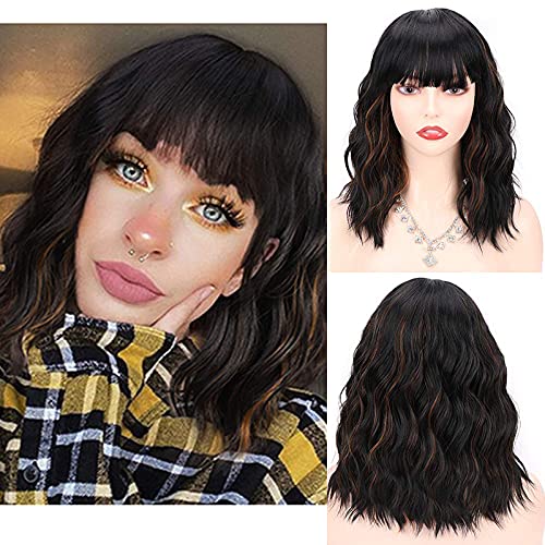 Short Wavy Bob Wig with Bangs for Women Black Wig with Highlights Shoulder Length Curly Wigs Heat Resistant Synthetic Wig for Women Everyday Use Paty