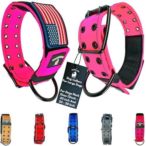 Dog Collars for Large Dogs - 2 inch Wide Dog Collar for Large Dogs Personalized Dog Collar with Metal Buckle American Flag Patch Name Plate Padded Dog Collar for Extra Large Dogs Male Female K9