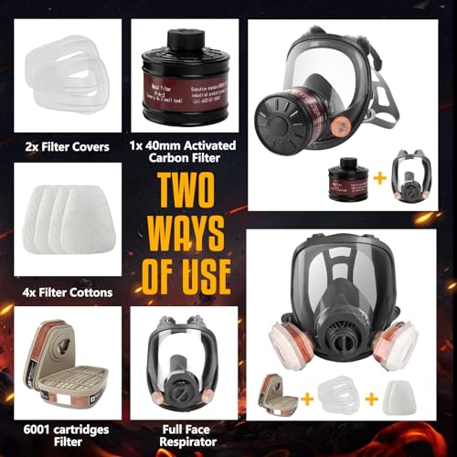 Full Face Gas Mask - Gas Masks Survival Nuclear and Chemical with 40mm Activated Carbon Filter & 6001 Cartridges Reusable Respirator for Organic Vapor Gases Dust Painting Polishing Welding - Image 3