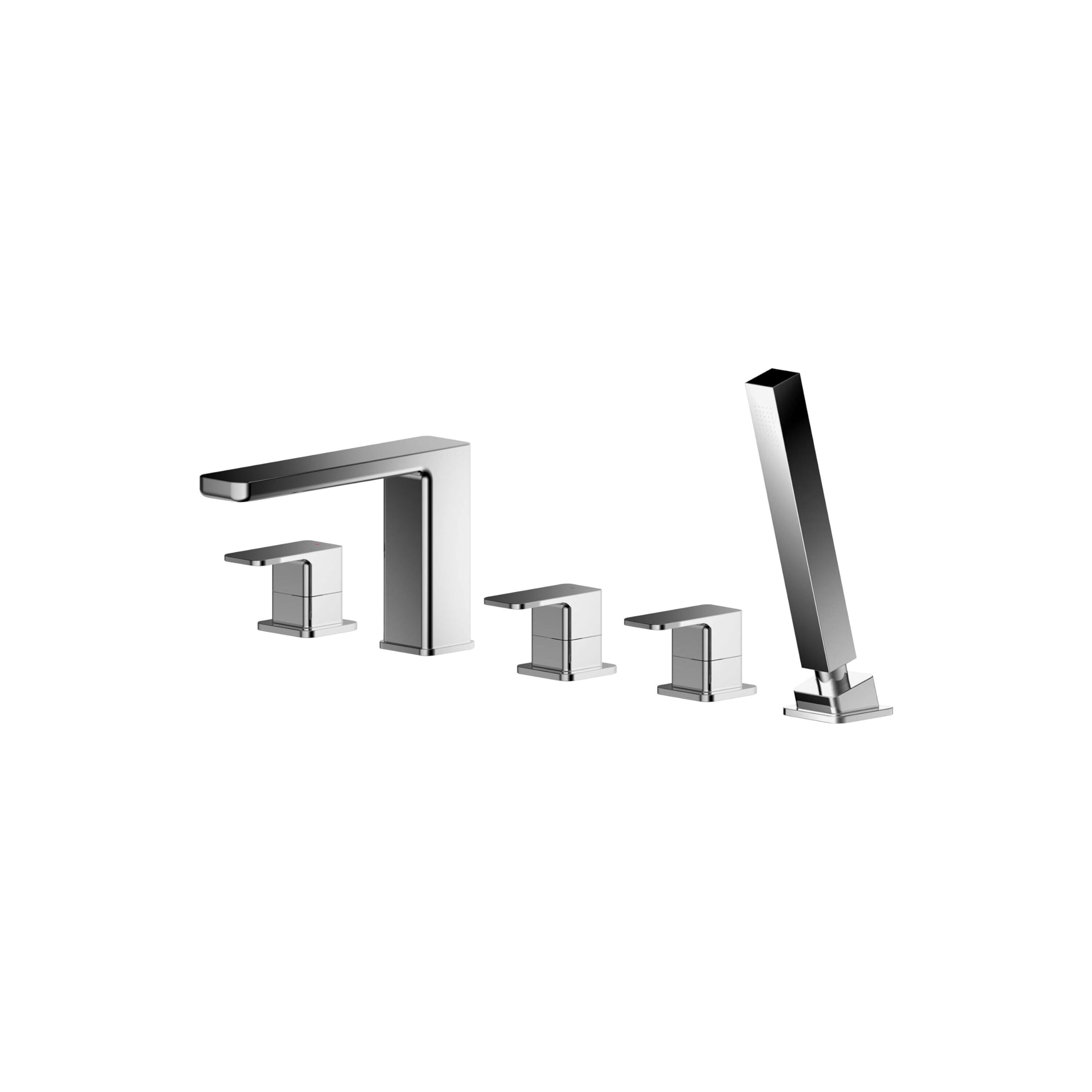 Balterley Silver Bath Mixer Tap With Shower Kit, 3 Lever Square Bath Filler Tap, 5 Tap Holes, Rectangular Head Showers For Bathrooms, Bathroom Taps With Shower Head And Hose Set - 535 X 222 X 135Mm (Chrome)