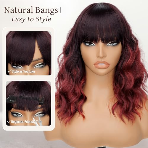 Image of Nnzes Ombre Red Wig with Bangs for Women Bob Wavy Synthetic Wigs with Natural Shoulder Length Curly Heat Resistant Hair for Daily Party Use