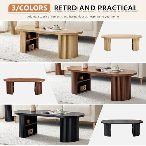 Image of Oval Fluted Coffee Table, 47 inch Farmhouse Wood Coffee Table Mid Century Modern Center Table Boho Living Room Tables for Living Room Office,Natural