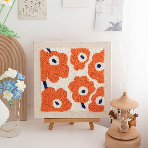 Image of Embroidery Punch Needle Kit Frame, Punch Needle Kits Adults Beginner, Embroidery Starter Kit, Needle Punch Tool with 9.8x9.8in Punch Needles Fabric with Pattern, Threader, Yarns, Pinch Needle (Orange)
