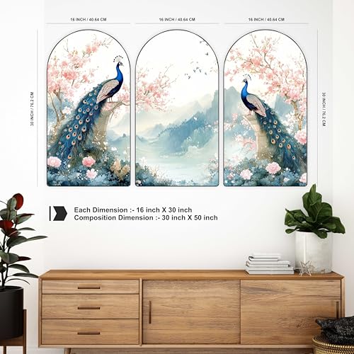 Image of Livin'luxe Decorative Peacock Wall Art Panel Set | 3-Piece Traditional Indian Animal Artwork on MDF|Floral Arched Design for Living Room, Hallway & Office 30 x 50 inch RPNL-21