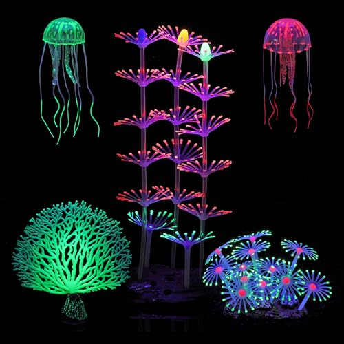 Image of Lpraer 5 Packs Glow Aquarium Decorations Branch Coral Tree Glowing Jellyfish Simulation Glow Plant Glowing Effect Silicone for Fish Tank Decorations