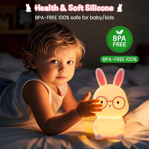 Image of FAMIDUO Bunny Night Light for Nursery, Safe Silicone Touch Lamp with Timer | 7-color Changing Rechargeable RGB LED lamp, 3-level Dimmable 30-min Auto-off.Easter Gifts for Kids,Bbay Bedroom Decor
