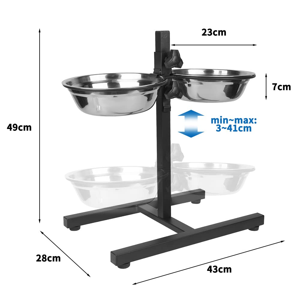 Mangeoire INOX + Support Hauteur Réglable, Mangeoire en Acier Inoxydable, Porte-gamelles avec gamelles réglable - idéal pour Chiens Grands ou Vieux (Noir)