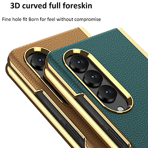 Image of Midkart Stylish Leather Cover Compatible with Samsung Galaxy Z Fold 4 with Electroplating Borders Protective Case, Green & Gold