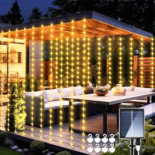 yowin Solar Lichtervorhang Aussen 3×3m 300 LED Lichterketten Vorhang mit Fernbedienung, 8 Modi Pavillon Beleuchtung Wasserdicht Lichterkette Hängend für Pavillon Balkon Boho Hochzeit Deko - Warmweiß