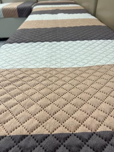 Image of Brown Stripes Quilted Velvet Sofa Cover - 5-Seater (3+1+1) - Premium Hotel-Style Look - Soft Quilted Velvet - Anti-Slip Backing - Indian Size Fit - Couch Cover - Made in India