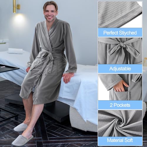 Handepo 2 Sets Waffle Bath Robe Set Unisex Hotel His and Hers Robes Couples Lightweight Knit Spa Bathrobe Slipper Hair Towel(Grey,L)3
