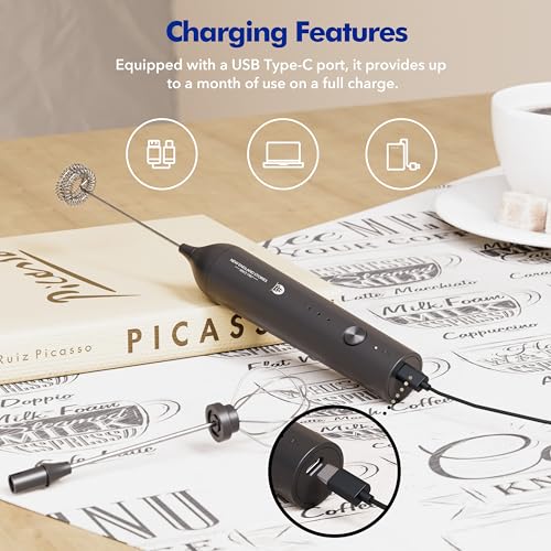 Image of Rechargeable Milk Frother, 3 Speed Frother Wand Handheld Foam Maker with 2-layer Stainless Steel Whisk for Making Cappuccinos, Lattes, Bulletproof Coffee, Keto Drinks, Protein Shakes, and Matcha