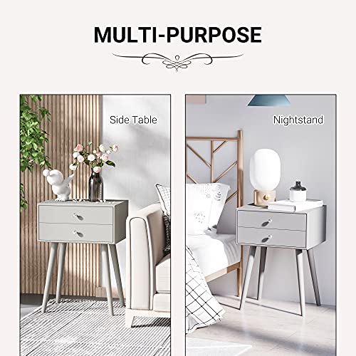 Homcom Side Table, Modern End Table With 2 Pull Out Drawers, Bedside Table With Display Tabletop And Solid Acacia Legs, Gray #TOP3