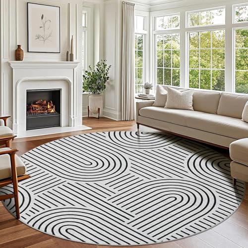 ROYHOME Modern 6ft Round Washable Rug for Living Room Non Slip, Blackwhite