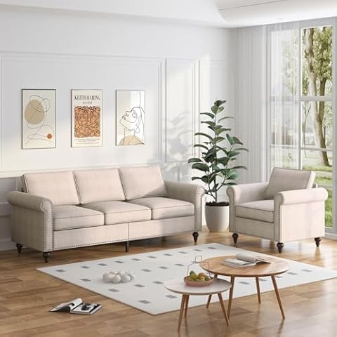 ZAFLY 2 Piece Living Room Sofá Set, 3 Seat Sofa and Armchair with Solid Wood Frame and 4 Gourd Shapes Legs for Home/Bedroom/Apartment(Beige) Cover