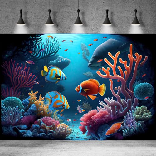Image of Underwater Aquarium Background Deep Ocean Coral Reef Seascape Terrarium Background Tropical Colourful Fish Marine with Sunbeams Fish Tank Backdrop Poster Wallpaper Decorations Vinyl 48x20in