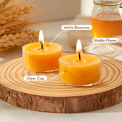 Ashlux Bienenwachs Teelichter - 15 Stück Bienenwachskerzen aus 100% reinem Naturwachs, 4 Stunden Brenndauer, gelbe Kerzen in klaren Acrylbechern für Weihnachten, Hochzeit, Party und Zuhause