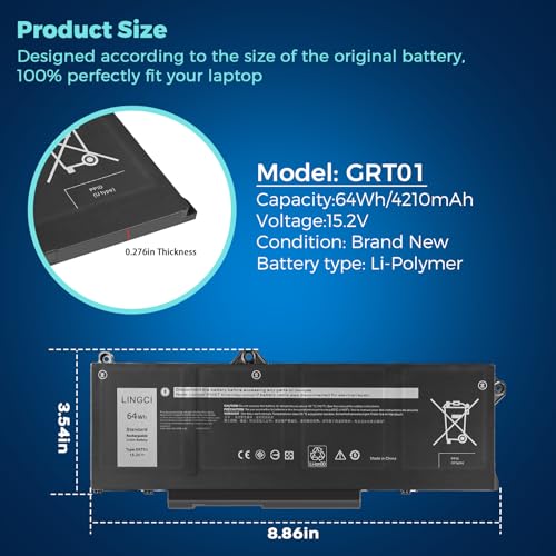 Image of GRT01 Battery Replacement for Dell Latitude 5421 5431 5521 5531 Precision 3470 3561 3571 3581 3591 Mobile Workstation Alienware m17 R5 AMD Gaming 00P3TJ 0P3TJ 0R05P0 05RGW 64Wh 15.2V