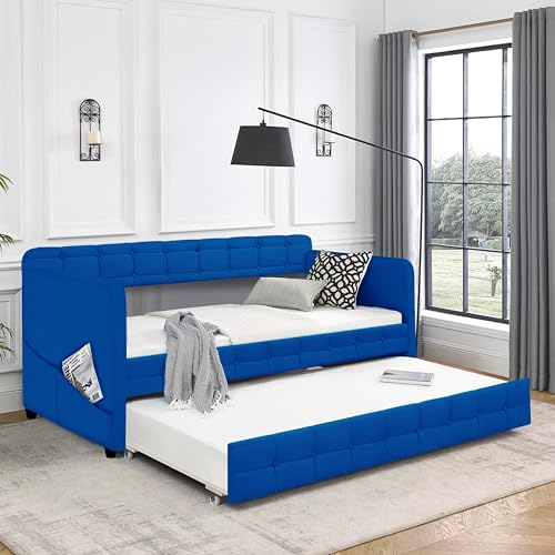 PVWIIK Twin Size Daybed with Trundle for Boy/Girl,Velvet Upholstered Wood Daybed w/Block Design & Guardrail for Small Space Design,No Box Spring Needed,Blue