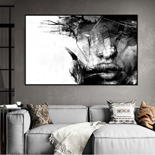 Peinture moderne femme abstrait encre noir et blanc toile déco salon affiche murale 50x90