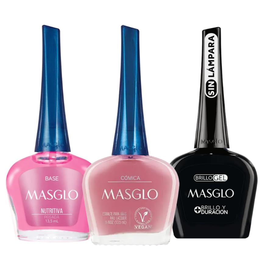 MASGLO Traditional Nail Polish 0.5 Fl. Oz. 3 piece kit with NUTRITIVE ROSE BASE, color COMICA and TOPCOAT GEL