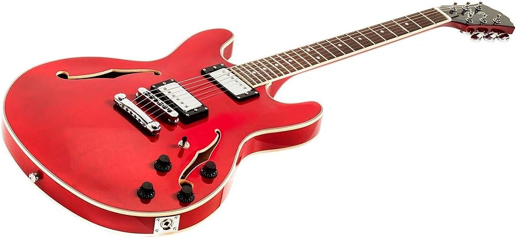 Monoprice Boardwalk Semi Hollow Body Electric Guitar - Right Handed, HH Pickups, Gig Bag, Red - Indio Series