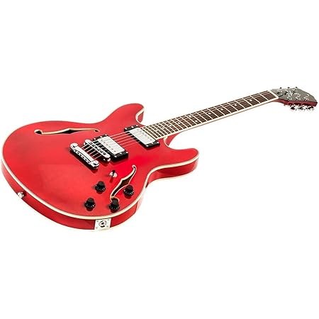 Monoprice Boardwalk Hollow Body Electric Guitar - Trans Red, 6 Strings, Right Handed, HH Pickups, Classic Styling, with Gig Bag, for Playing Jazz, Blues, or Rock - Indio Series