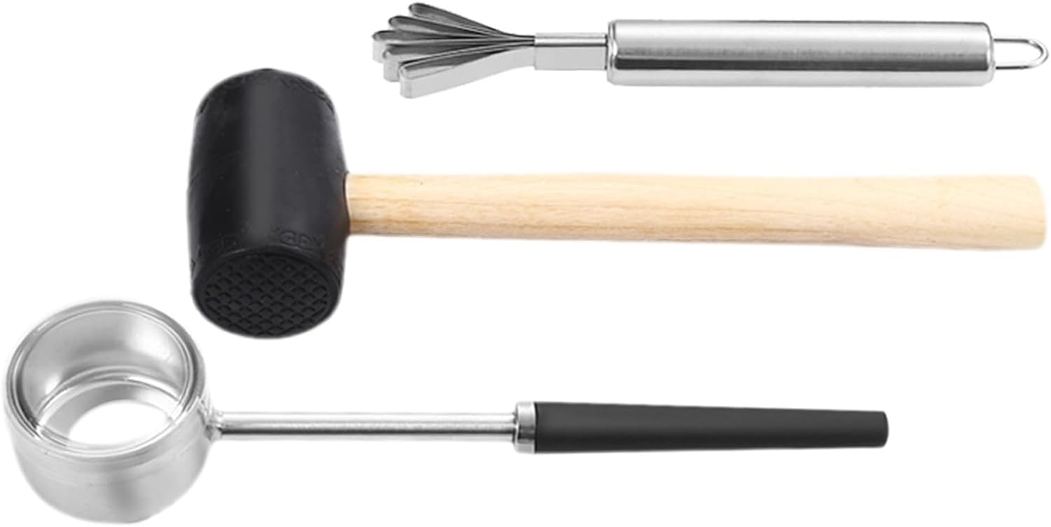 Wakauto Coconut Opener Portable with Rubber Mallet and Wooden Handle Comfortable Grip Stainless Steel Tool Set Coconut Opening Supplies Kitchen Gadget for Hard Nuts and Shells for Home