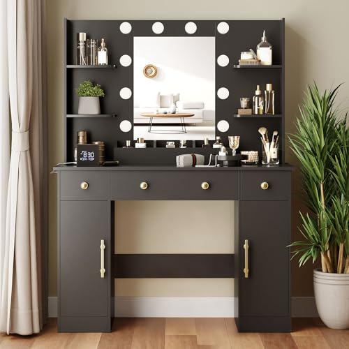 Image of Wodeer Makeup Vanity Desk with Mirror and Lights, 43 inch Black Vanity Set with 3 Drawers, Power Outlet & Adjustable RGB LED Lights, Dressing Table with Storage Shelf for Women & Girls Bedroom