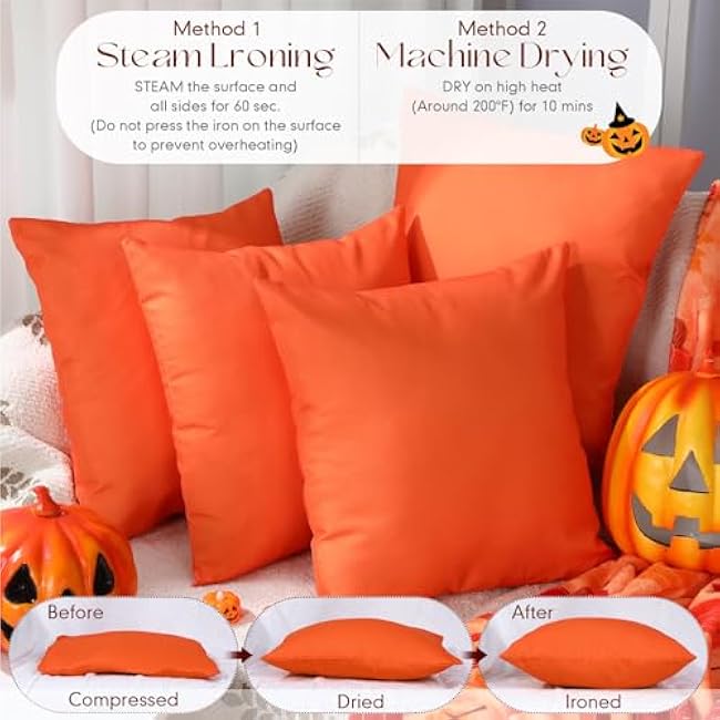 4 Set Waterproof Orange Outdoor Throw Pillow Covers with 4 Pillow Inserts 18x18 Inch Decorative Waterproof Throw Cushion for Sofa Couch Home Patio