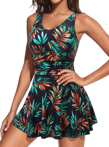 Image of Tummy Control One Piece Swimdress Womens Ruched Vintage Swimsuit Skirt | Slimming Ruched, Supportive Wide Straps, Removable Pads, Elegant Skirt, Secure Built-In Bottom, Tropical Swimwear