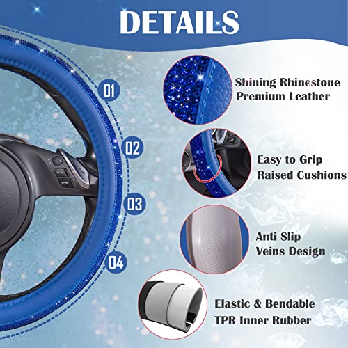 Image of CAR PASS Bling Diamond Leather Steering Wheel Cover, with Bling Sparkly Crystal Glitter Rhinestones Universal Fit 14 inch 1 /2-15 inch Car Wheel Protect for Women Girl Fit Suvs,Vans,Sedans,Cars,Trucks, Blue