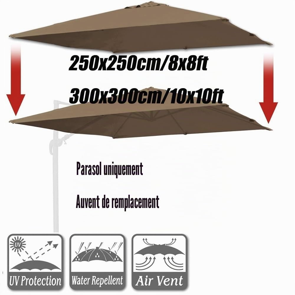 Housse De Rechange pour Parasol Auvent De Rechange 250x250cm 300x300cm Toile De Rechange De Parasol Carré pour Terrasse/Jardin/Piscine, Polyester Anti UV 30+(Khaki,300x300cm(10x10ft))