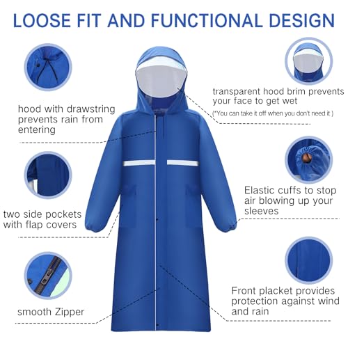 Geyoga 2 Pack Men's Long Rain Coats Waterproof Hooded Raincoat Safety Emergency Reflective Rain Jacket Poncho for Men Women Adult Hiking Camping Outdoor, Black Blue4