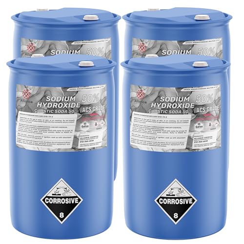 Alliance Chemical Sodium Hydroxide 50% Solution ACS Grade - 4 x 55 Gallon Drum - High-Capacity Lye Water for Industrial Processes